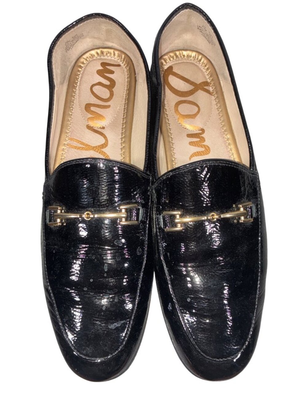 Sam Edelman Loraine Bit Loafers Black Patent Leather Gold Hardware Womens Shoes